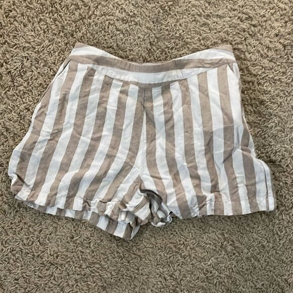 Tan and White Stripe Pull on Linen Blend Shorts - Picture 2 of 5